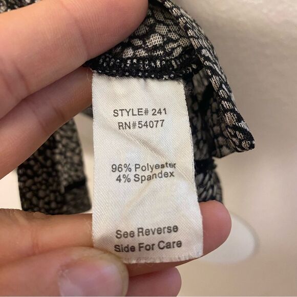 CAbi Sheer mesh black animal print Gathered Placket Blouse button front Size L - Picture 7 of 10